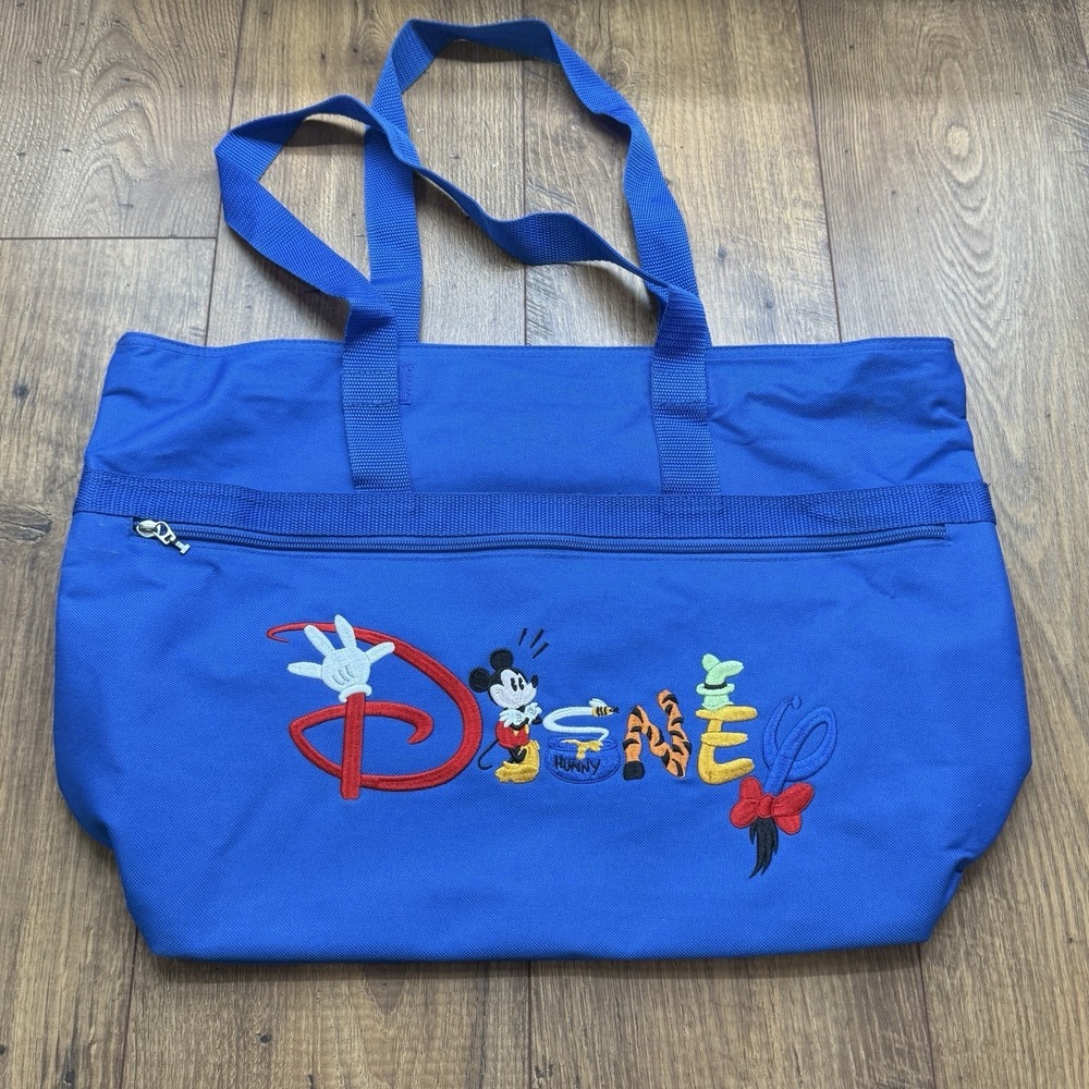 Disney World Vtg Blue Embroidered Character Nylon Zip Up Tote Mickey Pooh Goofy